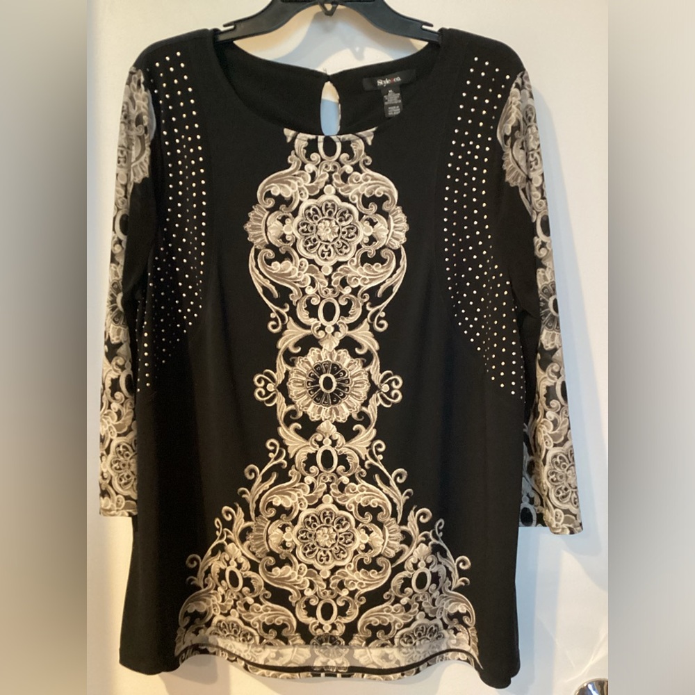Style & Co. Black & Cream Boho Studded Tunic Keyhole Back Size XL